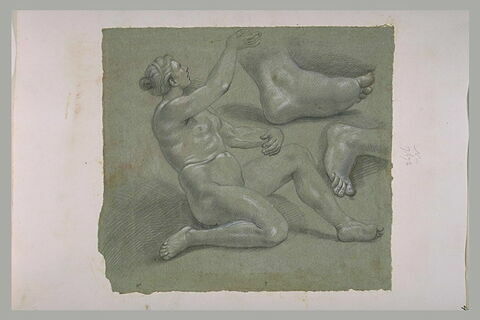 Une femme nue, assise, levant le bras droit, et étude de deux pieds, image 1/1