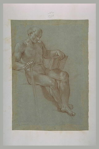 Etude d'un homme assis tenant une canne et un livre, image 1/1