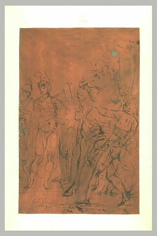 Cheval fougueux retenu par la bride, au milieu de guerriers : Alexandre et Bucéphale