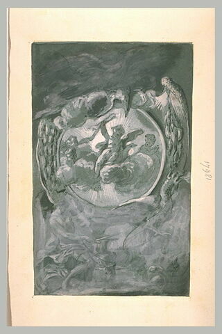Jupiter enfant sur des nuages tenant un foudre, avec Vulcain, et un dragon