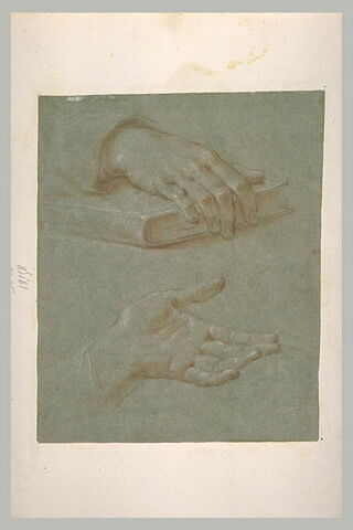 Paume d'une main, et main posée sur un livre, image 1/1