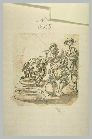 Quatre hommes apportant des vases et déversant leurs contenus, image 1/1