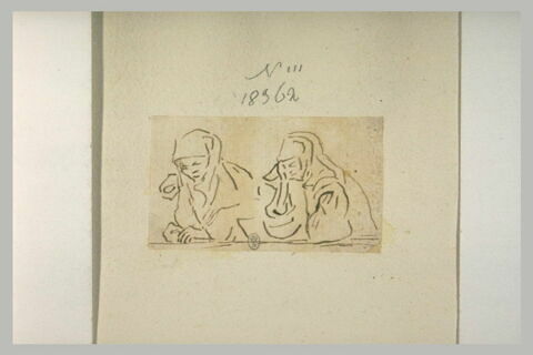 Deux figures de femmes accoudées, regardant vers le bas, image 1/1