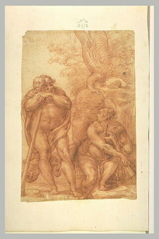 Une femme tenant une cornemuse et un homme appuyé sur un bâton, image 1/1