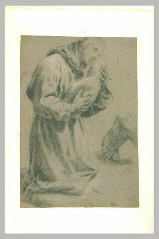 Religieux tenant un enfant dans les bras : saint Antoine de Padoue(?) ; pied