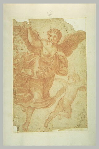Un angelot tenant le drapé d'un ange lançant des fleurs, image 1/1