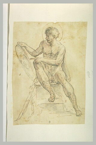 Un saint nu assis, avec un sabre à ses pieds, regardant un miroir