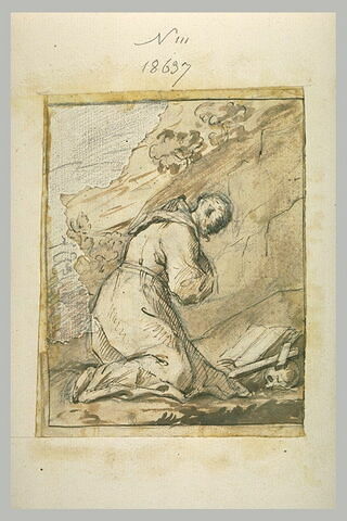 Religieux au désert devant un livre, un crucifix et un crâne, image 1/1