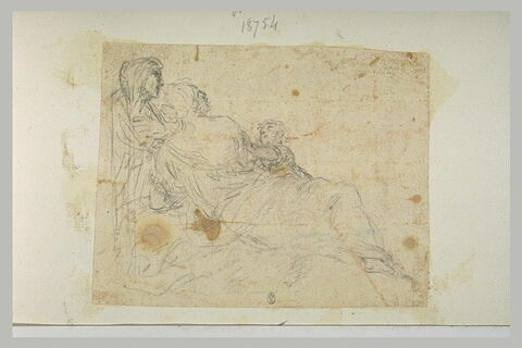 Jeune femme couchée, vue de dos, avec un enfant et une vieille femme, image 1/1