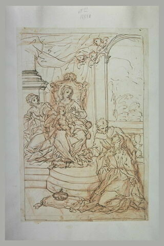 Figure agenouillée près d'une couronne, devant la Vierge et l'Enfant, image 1/1