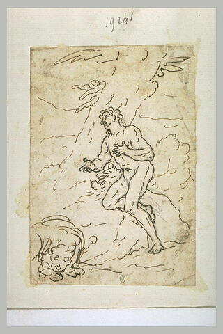 Homme nu, agenouillé sous un arbre, près d'un lion, image 1/1