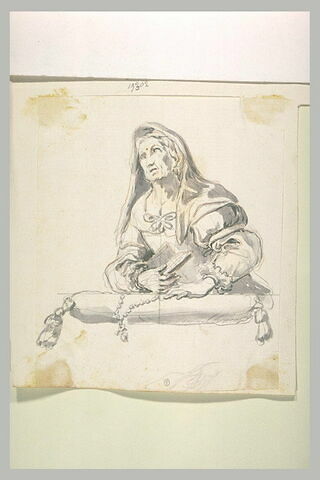 Vieille femme, appuyée sur un coussin, en prières, image 1/1