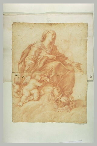 La Vierge assise sur des nuages le bras ouverts, et plusieurs anges, image 1/1