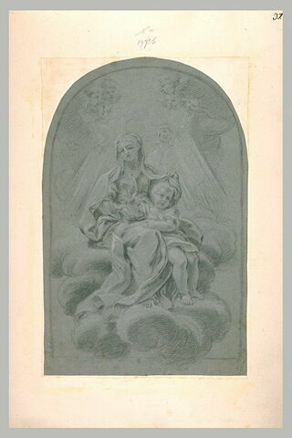 La Vierge assise sur des nuages avec l'Enfant Jésus et des anges, image 1/1