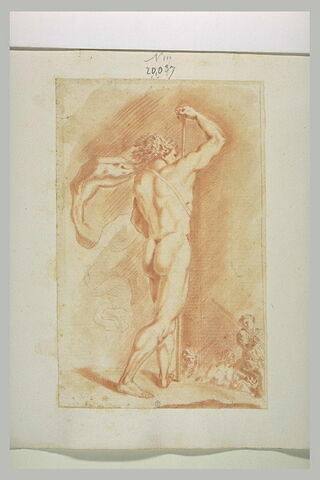 Homme nu, debout, de dos, appuyé sur un long bâton, et autres figures, image 1/1