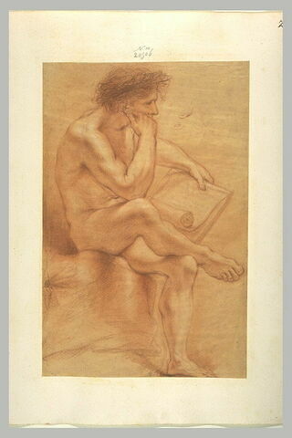 Homme nu, assis, tourné vers la droite, tête laurée, tenant un rouleau, image 1/1