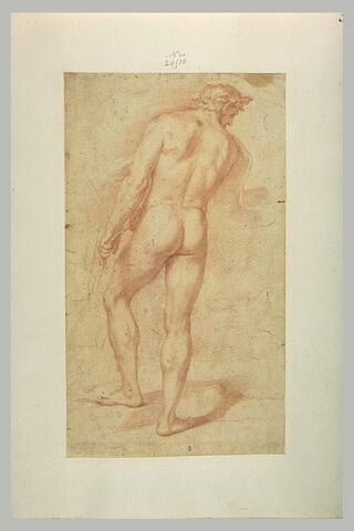 Homme nu, debout, de dos, tenant une corde, tête laurée, image 1/1