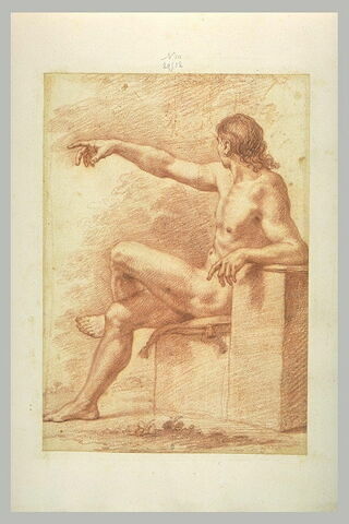 Homme nu, assis, les jambes croisées, tourné vers la gauche, bras tendu, image 1/1