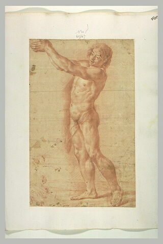Homme nu, debout, tourné vers la gauche, les bras levés, image 1/1
