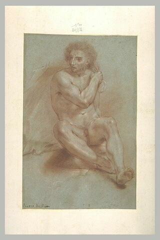 Homme nu, assis, de face, retenant une draperie derrière son dos, image 1/1