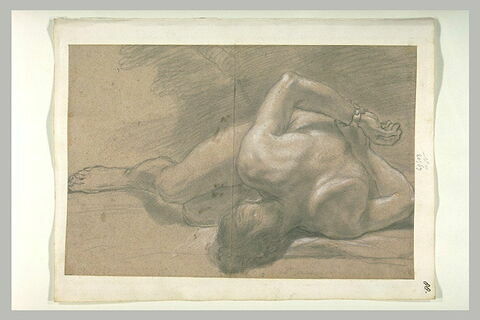 Homme nu, étendu, tête contre le sol, mains derrière le dos, image 1/1