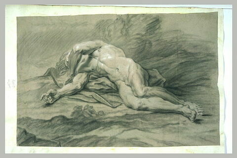 Homme nu, couché sur le côté, de face, le bras gauche sur le visage