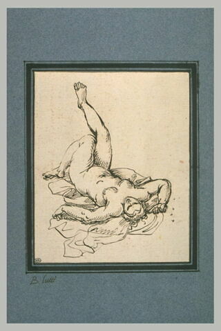 Femme nue, étendue à terre, une jambe levée, image 1/1