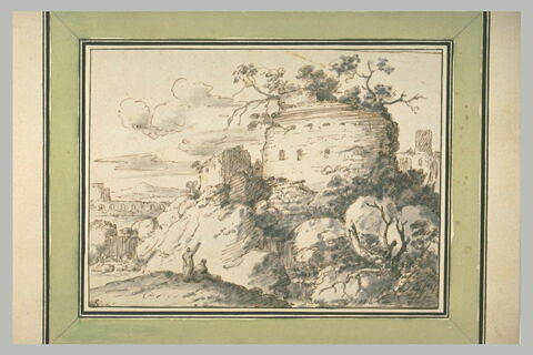 Ruines d'une tour dans un paysage avec des fortifications au loin, image 1/1