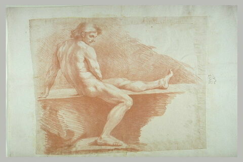 Homme nu, assis, de profil vers la droite, la jambe gauche étendue