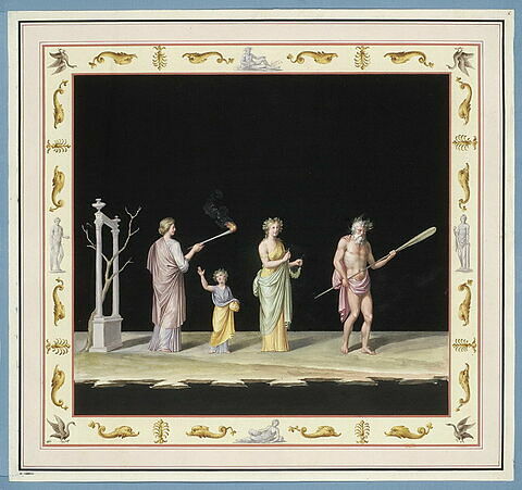 Procession de quatre personnages, tenant une torche et une couronne., image 2/2