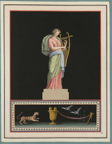 Femme jouant de la lyre, dans le soubassement : un tigre et des pigeons