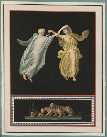 Deux femmes dansant dans les airs ; deux fauves s'approchant de cymbales, image 1/2