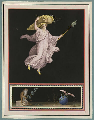 Jeune femme tenant un panier sur sa tête et un roseau ; singe devant caducée