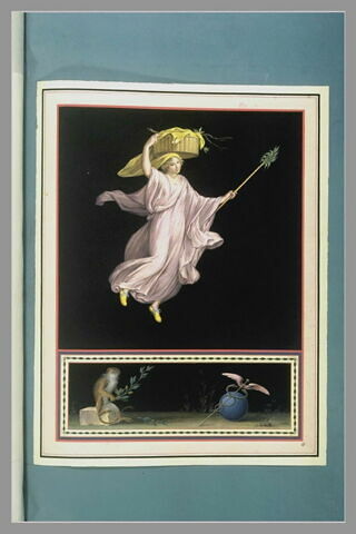 Jeune femme tenant un panier sur sa tête et un roseau ; singe devant caducée, image 2/2