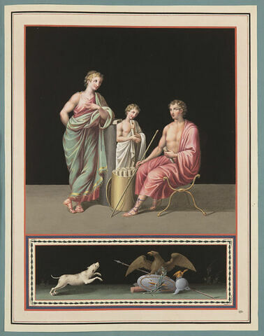 Trois figures autour d'une besace conservant des rouleaux ; aigle, chien