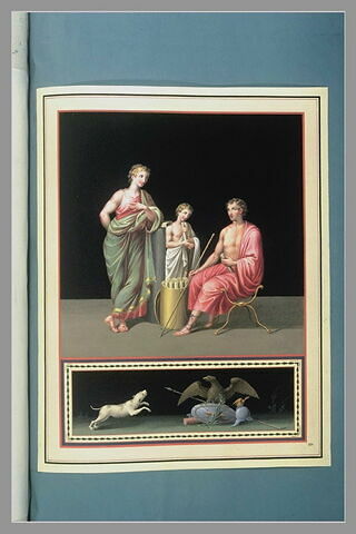 Trois figures autour d'une besace conservant des rouleaux ; aigle, chien, image 2/2