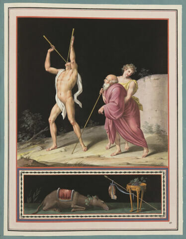 Homme jouant du pipeau près d'un vieillard soutenu par un jeune homme ; âne, image 1/2