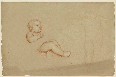 Enfant nu, demi-assis, tourné vers la droite. Silhouette d'un enfant debout.