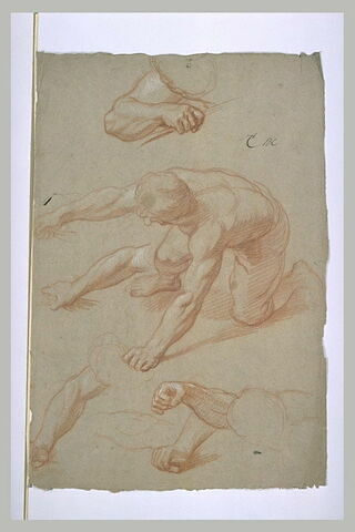 Homme demi-nu, un genou à terre. Etudes de bras, image 1/1