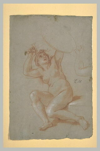 Femme nue, un genou à terre, tenant un bouclier au-dessus de la tête, image 2/2
