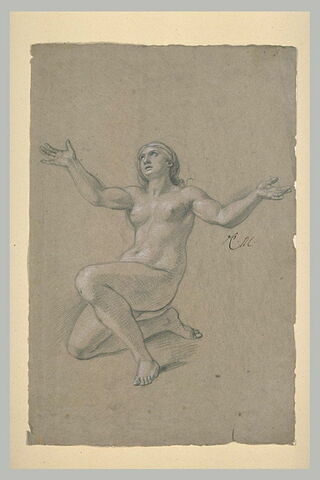 Femme nue, un genou à terre, les bras écartés