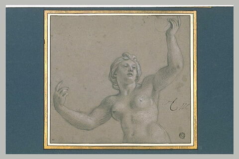 Femme nue, à mi-corps, les deux bras levés