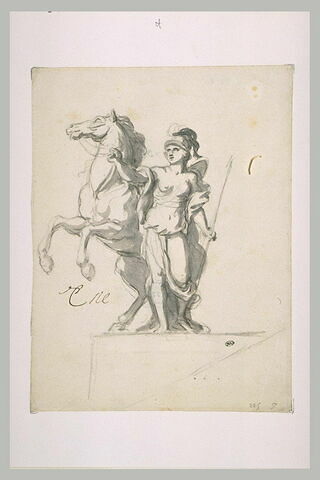 Femme casquée et armée tenant un cheval par la bride, image 2/2