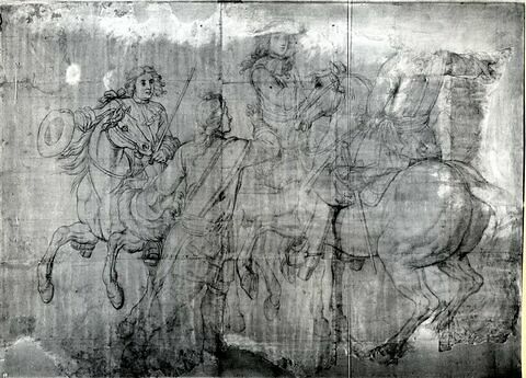 Louis XIV à cheval, avec deux cavaliers et un homme à pied