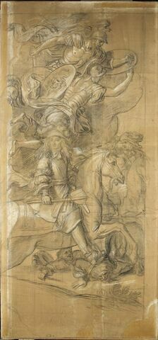 Louis XIV à cheval, guidé par Mars et Minerve