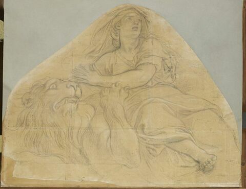 Femme drapée, assise, un lion près d'elle