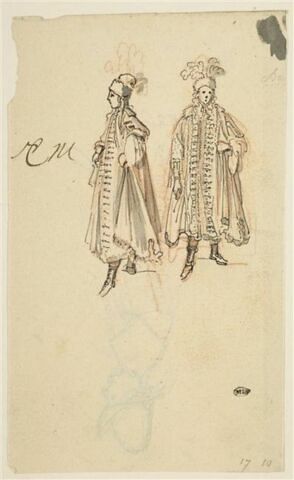Deux figures en habit pour le bal masqué de la Grande Antichambre du roi au Louvre vraisemblablement donné par la reine le 17 février 1665 à l'occasion du mardi gras, image 1/2