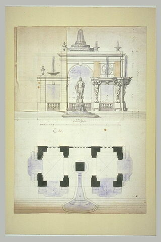 Elévation et plan d'un pavillon, avec statue royale, image 2/2