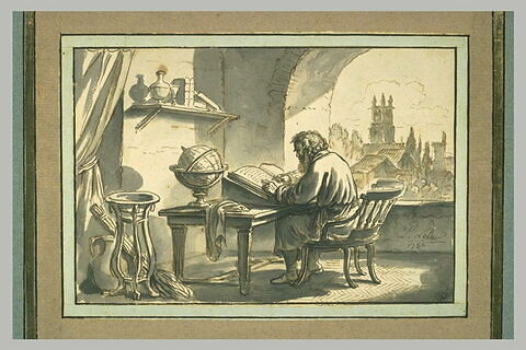 Un philosophe assis à une table, écrivant