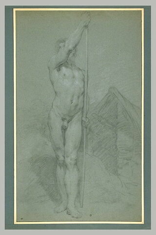 Homme nu, debout, vu de face, tenant un long bâton des deux mains, image 2/2